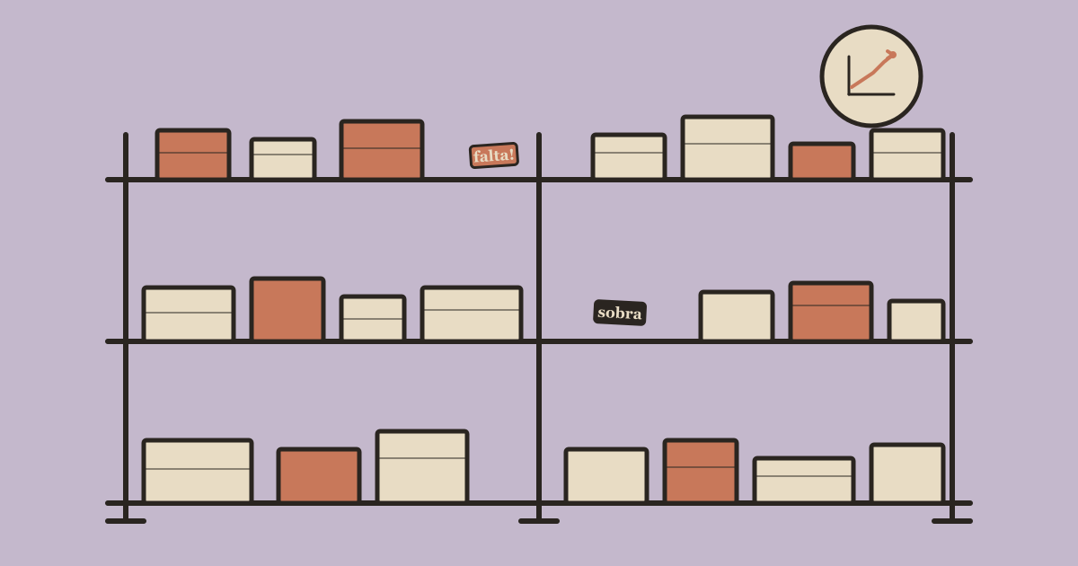 Prateleira de loja de material com caixas empilhadas em clay e creme, etiquetas falta e sobra, e selo de previsão com seta subindo no canto — fundo lavanda